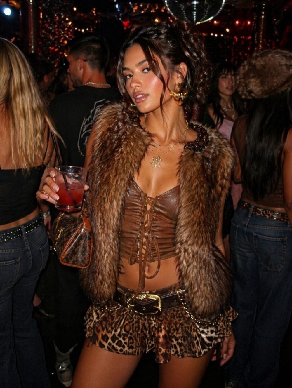 Express Y2K Size Small Faux Fur Vest Mob Wife Old Money Vintage Embellished Neck